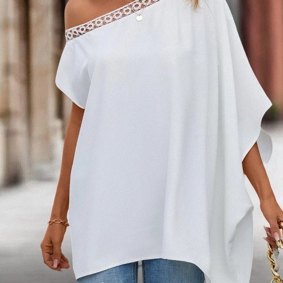 White Boho Womens Guipure Lace Trim Asymmetrical Neck Batwing Sleeve Blouse - Picture 3 of 5